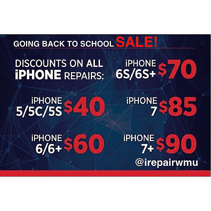irepairWMU's tweet photo. 🚨 IPHONE REPAIR BACK TO SCHOOL SALE
🚨 WE BEAT ANY PRICE! 📩DM TO SET UP AN APPOINTMENT ‼️#irepairwmu #wmu #wmu21 #wmu20 #wmu19 #wmu18 #wmu17 https://t.co/e8vKkucJzg