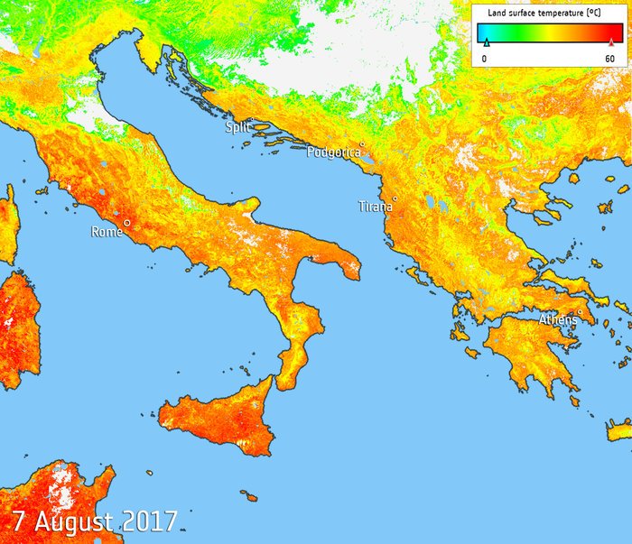 esa's tweet photo. Land surface temperatures above 40°C in parts of southern Europe as mapped by #Sentinel3 satellite. Read more: https://t.co/aYo1NcycLU https://t.co/kXhuhZh6He
