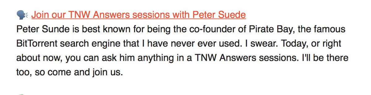 Boris's tweet photo. Some people call @brokep 'Peter Sunde' but I like to call him 'Peter Suede'...
#weeklymail #oops #tnwlife https://t.co/I1FezuFGPl