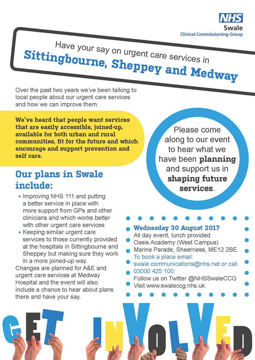 NHSSwaleCCG's tweet photo. Have your say on urgent care services in #Swale. Come to our event on 30th Aug - register your place > https://t.co/za5AihWPKA https://t.co/rGcasxoPfN