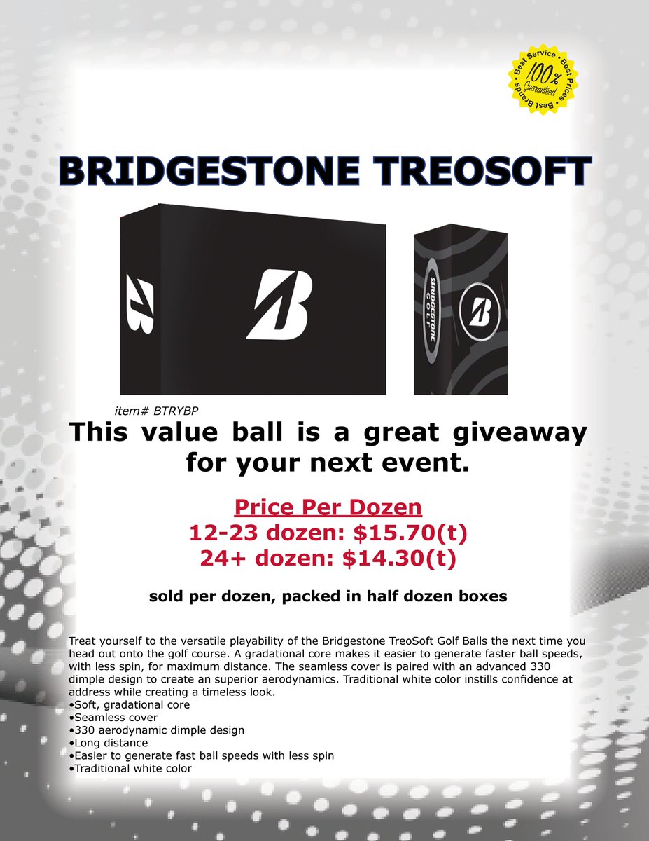 ProGolfPremiums's tweet photo. Have a tight budget? 
Remember the Bridgestone Treo Soft when planning your events! 
ASI 79680 https://t.co/AnLzqqU0Hh