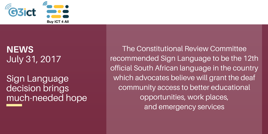 G3ict's tweet photo. #News : In #SouthAfrica, recommendation to make Sign Language the 12th official South African language. Learn more: https://t.co/yLC9uah3pL https://t.co/4xY7710Rcz