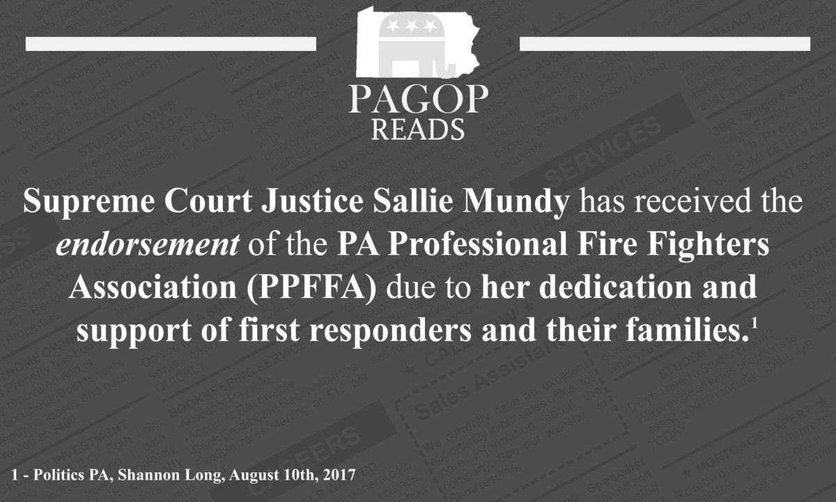 PAGOP's tweet photo. ICYMI: Justice Sallie Mundy was endorsed by the PA Professional Fire Fighters Association! #PAJudge #7for7in17 https://t.co/Kv16zvOuGQ