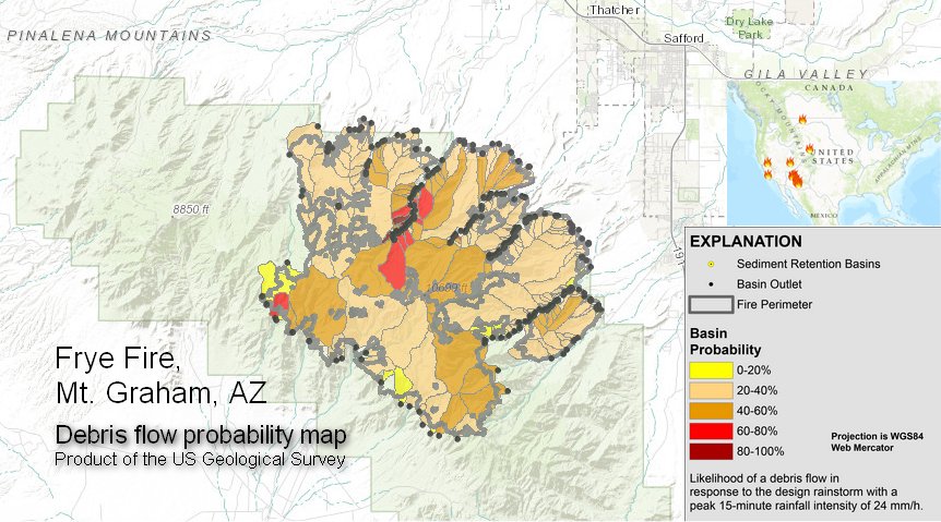 AZGeology's tweet photo. The USGS interactive map displaying 'Emergency Assessment of Post-Fire Debris-Flow Hazards'. #FryeFire
https://t.co/pWbVy4WsGr https://t.co/4kimz1ZF5z