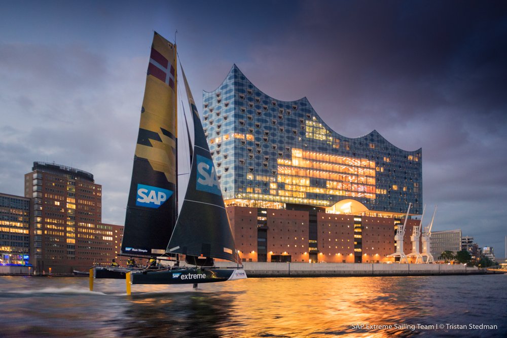 Great day of <a href="/extremesailing/">Extreme Sailing</a> gave way to a special evening as <a href="/TristanStedman/">Tristan Stedman</a>  captured the GC32 in flight in front of the Elbphilharmonie.