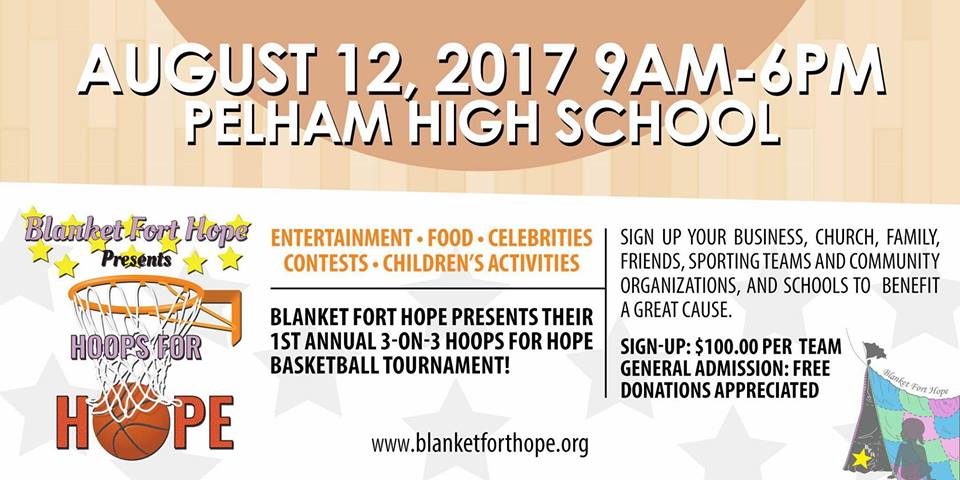 BlanketFortHope's tweet image. 1st annual Hoops For Hope 3-on-3 charity basketball tournament tomorrow Saturday,AUG12 9am-6pm at Pelham High School! General admission free