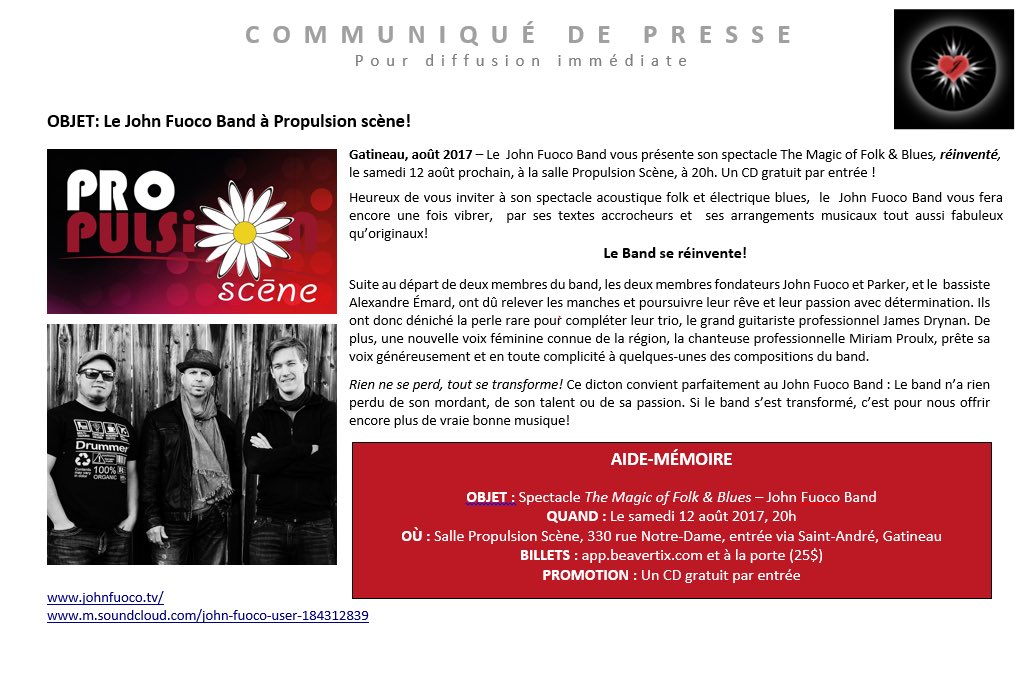 Sandra Bouchard (@sandrab_and_cie) on Twitter photo #johnfuocoband à Propulsion scène ce samedi, 20h! Great talent! Awesome music! <a href="/JohnFuocoTV/">John Fuoco Band</a> #music #blues #concert #Talented #johnfuocoband à Propulsion scène ce samedi, 20h! Great talent! Awesome music! <a href="/JohnFuocoTV/">John Fuoco Band</a> #music #blues #concert #Talented