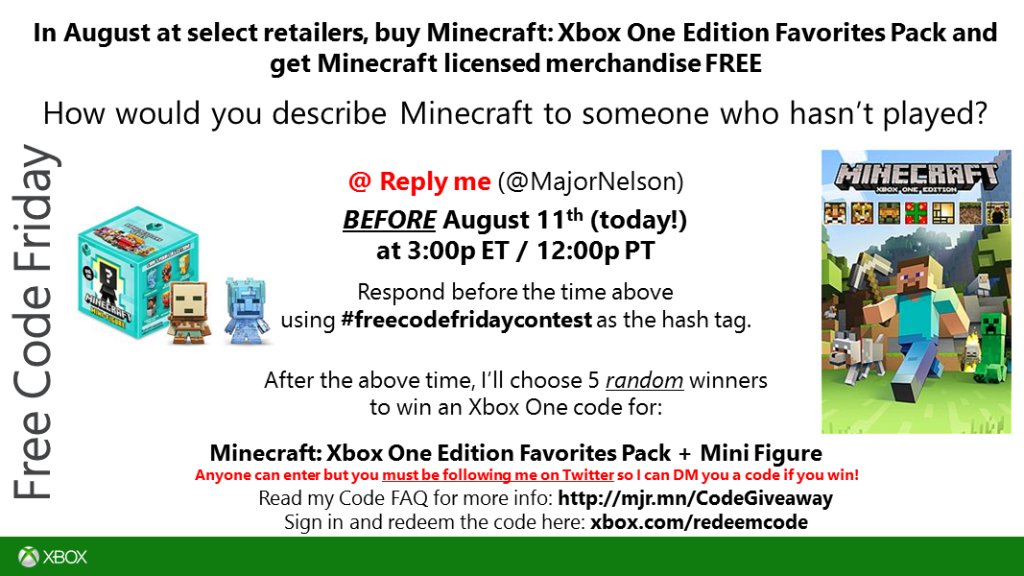 Larry Hryb Freecodefridaycontest Time Read This And You Could Win A Code For Minecraft Xbox One Edition Favorites Pack Mini Figure Good Luck T Co Ftmrwtg40f Twitter