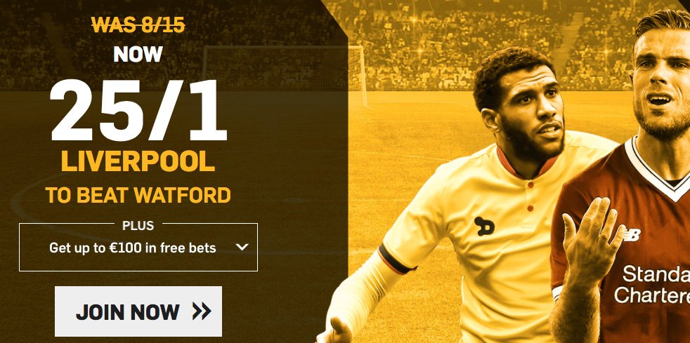 Get a HUGE 25/1 for Liverpool to beat Watford!

bit.ly/TiXuFx

Plus £100 in free bets. Bet Now!