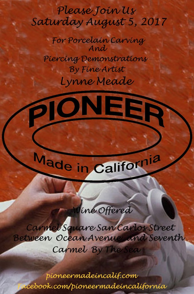 CarmelSquareCA's tweet photo. Save the date! SATURDAY, Aug. 5. #pioneerMadeINca #porcelainart #localart #shoplocal #porcelain   #porcelaincarving #freewine #savethedate https://t.co/3SEFaWYhu1