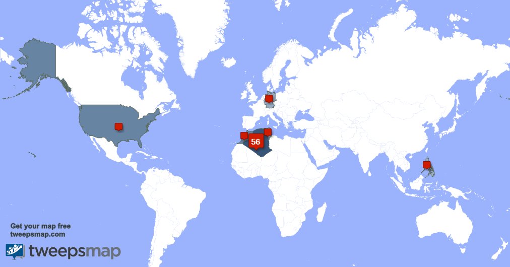 Asmadm2's tweet photo. My followers are in Algeria(52%), Morocco(14%)... Get your map too: https://t.co/SEaqmaDyrG https://t.co/fDJXhXFwLo