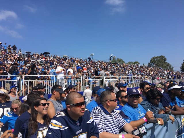 There's a big crowd for the first day of Los Angeles Chargers training camp.