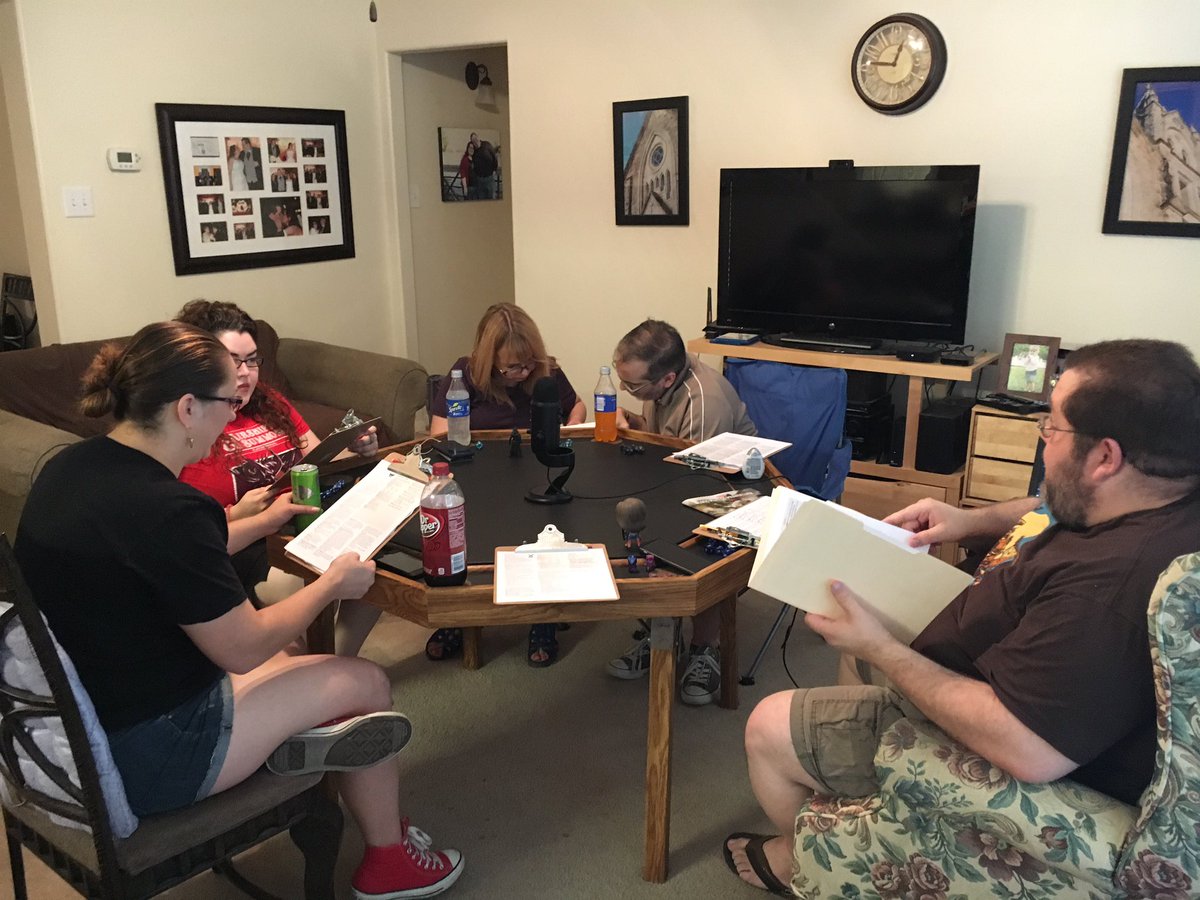 NerdyBitchesPod's tweet photo. Here we go!! Recording the session for future use! Like our new game table?? @CasterQuest found it and it is AWESOME! #letsROLL #rollhigh https://t.co/fE44PBAWlw