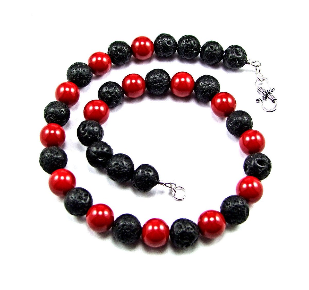 Red Coral &amp; black Volcanic Lava Necklace etsy.me/2uqxVGH #coralnecklace #redcoral #lavabeads <a href="/thesilverbear/">Augie</a>