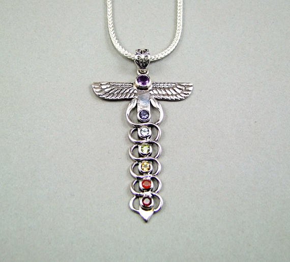 Multigem Sterling Silver Caduceus Pendant etsy.me/2tRKvBy #caduceus #medicalpendant #chakra <a href="/thesilverbear/">Augie</a>