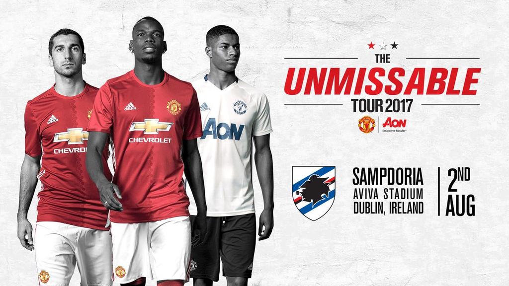 AnderHerreraaa's tweet photo. THE UNMISSABLE TOUR 2017

@ManUtd VS @sampdoria 

AVIVA STADIUM, Dublin, Ireland 
K.O.19:45 BST 
Wed.2nd.Aug.2017
#MUTOUR2017
#MUFC https://t.co/vpoU1TAoXM