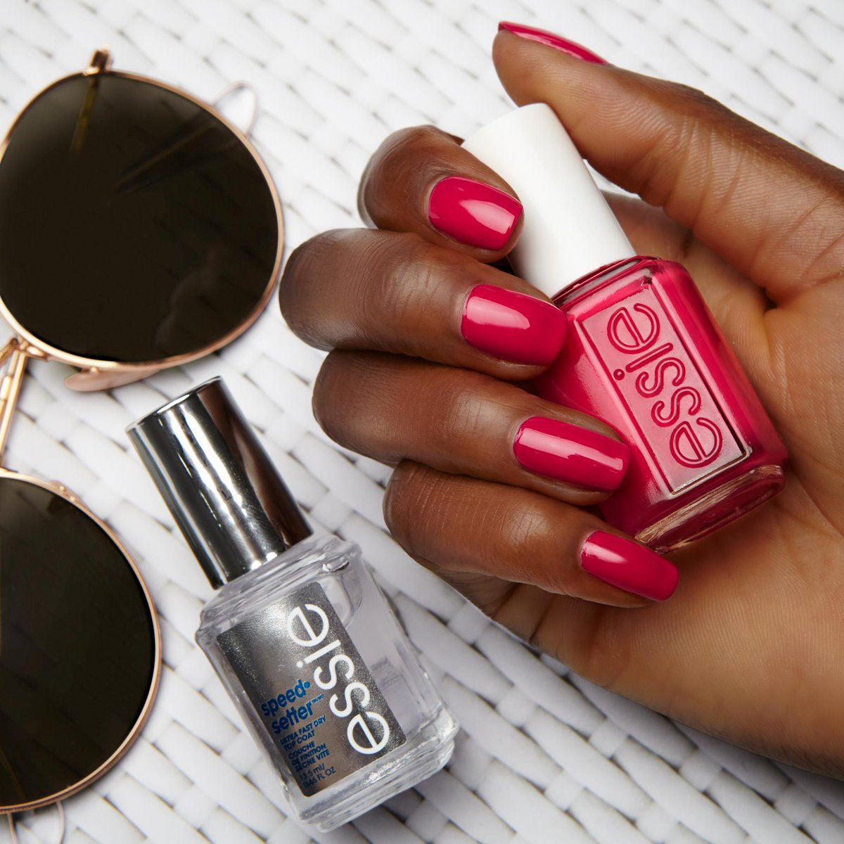 essie's tweet photo. bag? check. Sunnies? check. #speedsetter? check. flawless #watermelon mani? ✔︎ ✔︎ ✔︎ snag the shade: https://t.co/XV48pKUhPB #essielove https://t.co/kOLUvg8rgU
