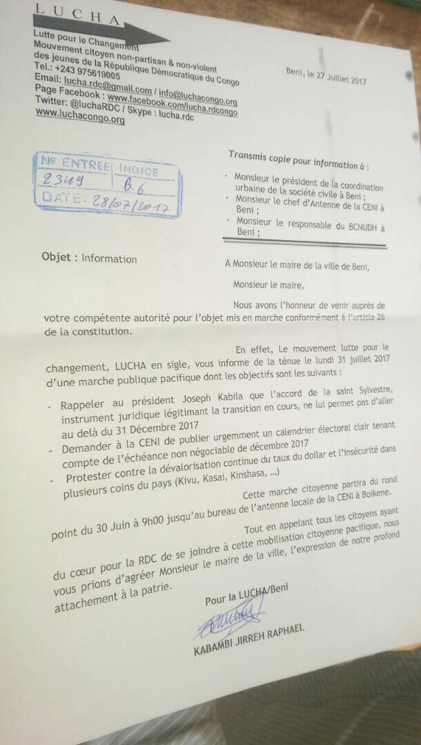 #Beni: rond point du 30 juin à 9h00 - marche jusqu'au bureau de l'antenne locale de la CENI.