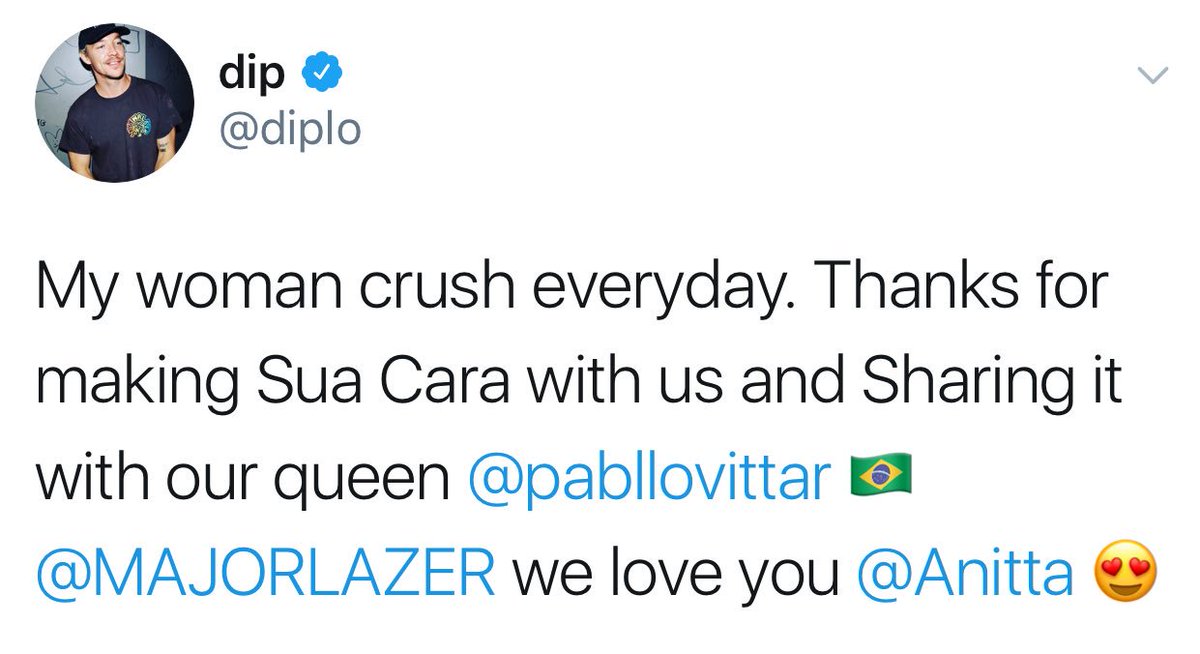 anittaportugapt's tweet photo. "Minha crush todos os dias. Obrigado por fazer Sua Cara conosco e compartilhar com nossa outra rainha Pabllo Vittar 🇧🇷" - Diplo. https://t.co/pHFzIif3Qb