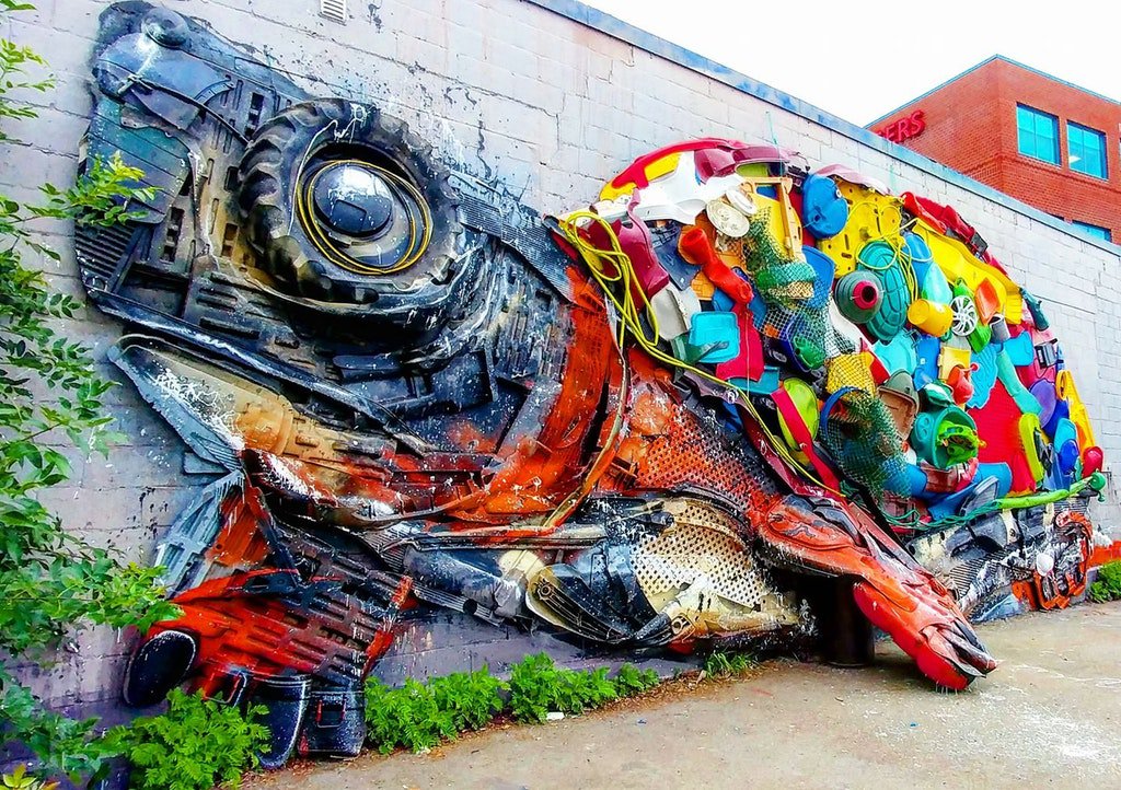 dirtyjunglights's tweet photo. "Half Wood Turtle" was made by Bordalo II, completely out of garbage, for Moncton's Festival Inspire 2017 #streetart #trashart #turtle #art https://t.co/FsAy8pRMJB