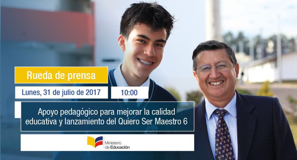 Educacion_Ec's tweet photo. MAÑANA | Rueda de prensa: lanzamiento #QuieroSerMaestro 6 y apoyo pedagógico para mejorar la calidad educativa. Síguelo por ➡ FACEBOOK LIVE https://t.co/iFjV2kL2E0