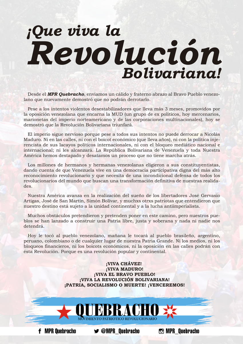 MPR_Quebracho's tweet photo. Enviamos un cálido y fraterno abrazo al Bravo Pueblo venezolano que nuevamente demostró que no podrán derrotarlo.
https://t.co/eR5IuPnWx7 https://t.co/C2MBKdswuq