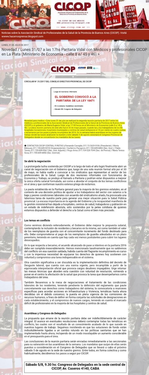 PARITARIA▪Hoy lunes 31/07☆17hs▪Médicos y prof CICOP llevan sus reclamos a Vidal▪Ministerio de Economía▪8 e/ 45 y 46 》prensacicop.blogspot.com.ar/2017/07/noveda…