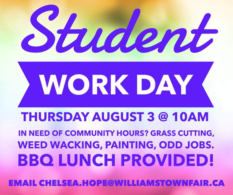 Calling all students, we need you! Come out to the fairgrounds to get your community service hours and a free BBQ lunch!😎🍔 #williamstownfair