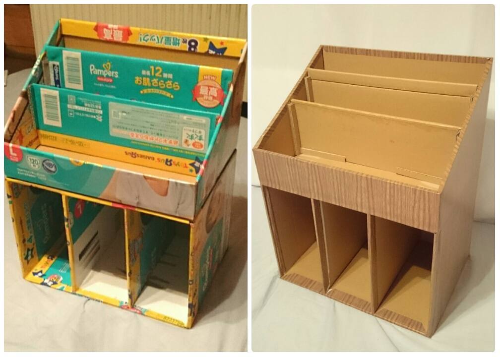 Pika 段ﾎﾞｰﾙ工作本7 23発売 Via Instagram T Co Mhh49xxmpk 3代目絵 本棚は見せパンパ パンパース柄を見せて作るやり方 でなくインテリアシート2枚使用しました 仕切りなど内側はダンボールの質感まま使用で 2代目見せパンパ棚も半年以上