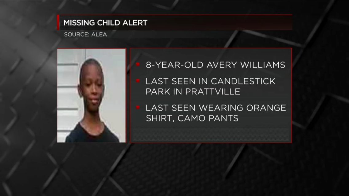 wsfa12news's tweet photo. BREAKING: PLEASE RT! Missing Child Alert: 8-year-old Avery Niles Williams of Prattville. 334-595-0208 or call 911. #aleafusioncenter https://t.co/X7v5hzWHef