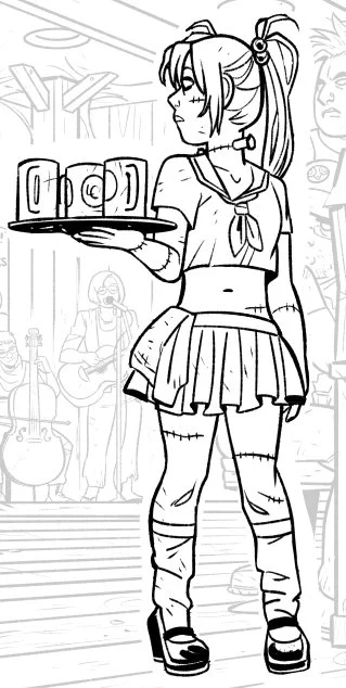 I drew a schoolgirl zombie bar girl in a panel today 