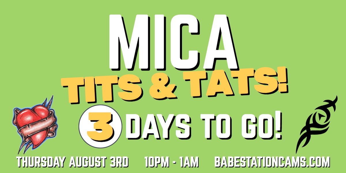 3⃣ Days to go!

...for the Tits &amp; Tats Special Cam Show!

Thursday at 10PM

@Mica_Martinez01 

On https://t.co/QL3uLDpJ7A 

🔞🔞🔞 https://t.co/NfOC3r25bH