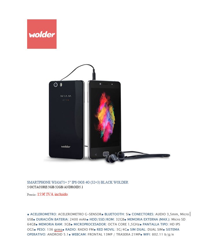 dekinfor's tweet image. Smartphone Wolder con cámara trasera 21mpx y frontal de 13mpx  #OFERTAS