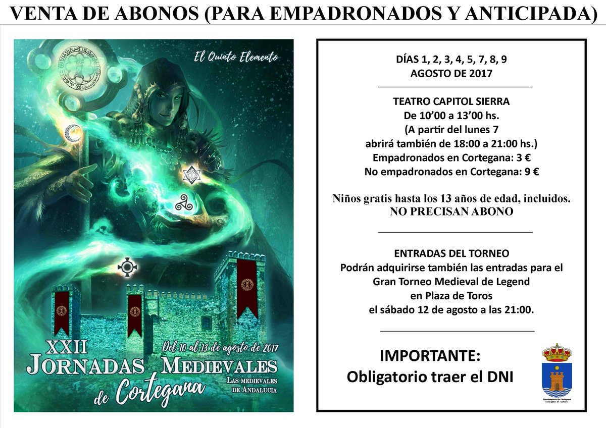 medievales20's tweet photo. 🔴Recuerda!! A partir de mañana, Venta de #Abonos para empadronados y venta anticipada para las @medievales17 . Comienzan los #díasmágicos! https://t.co/WhFjJR4UJF