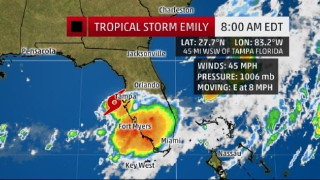 BREAKING: Tropical Depression Six has become Tropical Storm #Emily near Florida's Gulf Coast. Main threat remains heavy rain.