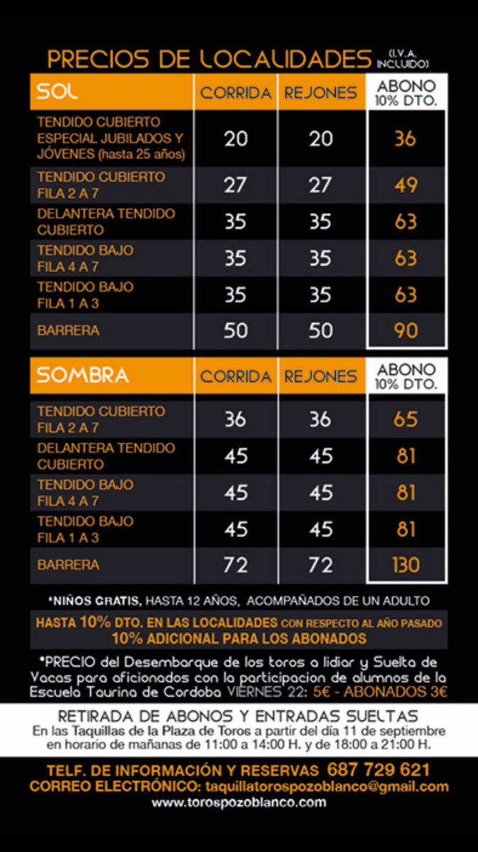 CaidoySoledad's tweet photo. Aquí tienen el listado de precios para nuestra próxima feria taurina. Ya pueden reservar por teléfono @AytoPozoblanco @InfoPozoblanco https://t.co/vvG9kRL4UT