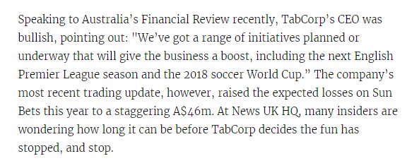 YourNewReality_'s tweet photo. LOL. @TabCorp has a "range of initiatives" after losing $46 million on Murdoch's #SunBets online gambling disaster https://t.co/Fp88HZlqqZ https://t.co/SXoMRLRUmT