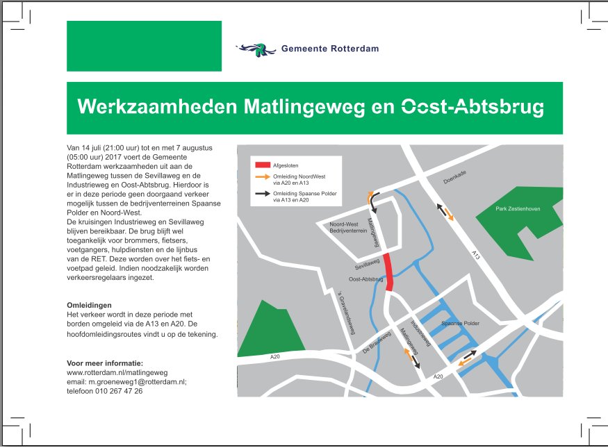 Let op! 

Bij de Matlingeweg en de Oost-Abtsbrug, vinden van 14-7 t/m 7/8 werkzaamheden plaats.

Omleidingen:
(rotterdamonderweg.nl/application/fi…)