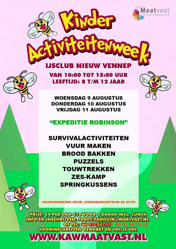 Heb jij je al opgegeven voor de KinderActiviteitenWeek? Er is nog plek! 
Opgeven gewenst en vol=vol. Jordy.vanduin@maatvast.nl of 0641667914