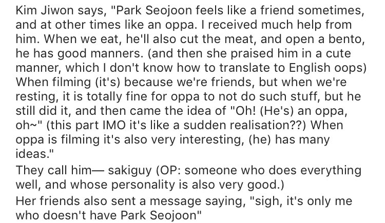 joonwonactivity's tweet photo. kim ji won talking about park seo joon [translation via seowontranslate] https://t.co/h1bExXZET5