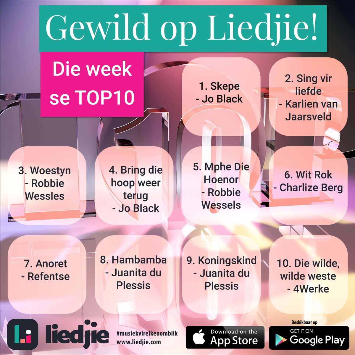 LiedjieMusiek's tweet photo. Hier is die afgelope week se Top 10 liedjies op Liedjie!
LUISTER NOU: https://t.co/7nl5MvAH3n
#MusiekVirElkeOomblik https://t.co/KUOWuBRdOB