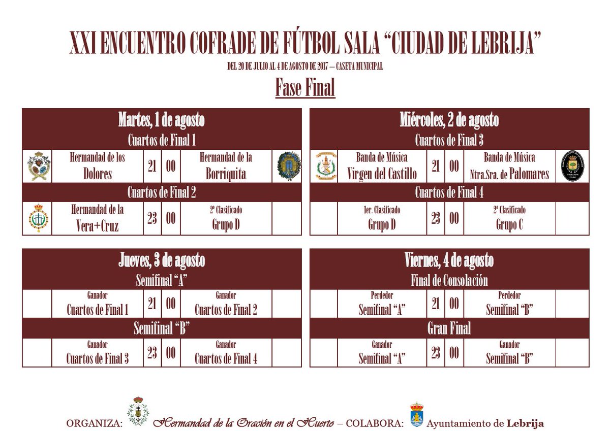 Hoy finaliza la fase de grupos del #XXITorneoCofradeLebrija. Todavía quedan por decidirse tres plazas para cuartos de final.