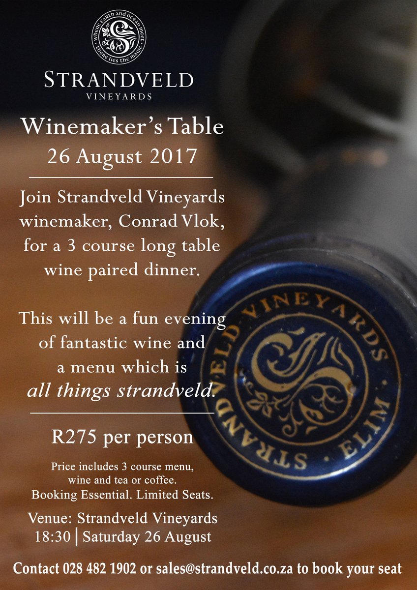 strandveld's tweet photo. Join us and our winemaker, Conrad Vlok, for a Winemaker's Table Dinner on Saturday 26 August! https://t.co/NoM4ewquvB https://t.co/Ax8XHaByuJ