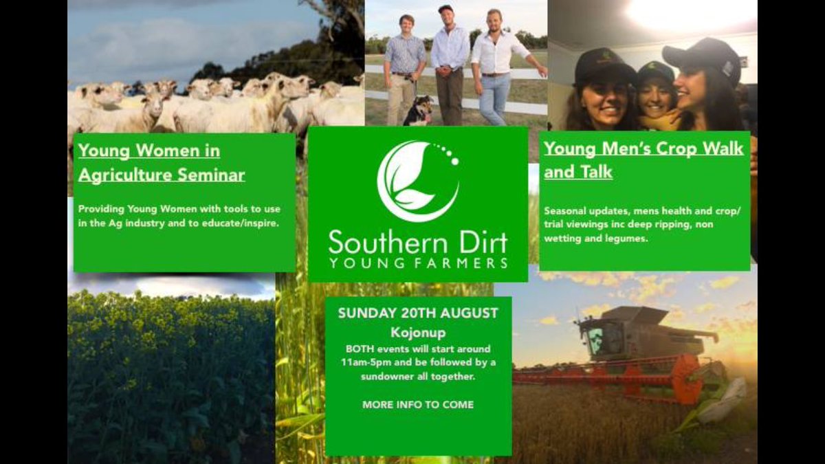 SouthernDirtYF's tweet photo. Save the date for our Young Women in Ag Seminar &amp; Young Men's Crop Walk &amp; Talk Sunday 20th of Aug followed by a sundowner! More info to come https://t.co/sgq8UB5SEz