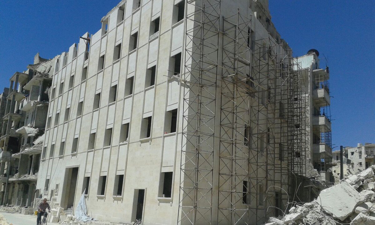 ejbeals's tweet photo. M2 hospital in #Aleppo's being rebuilt. For #BreakingAleppo report, @ForensicArchi made this about 14 strikes on it: https://t.co/lvsd8OKHgg https://t.co/bmxHZywIDU