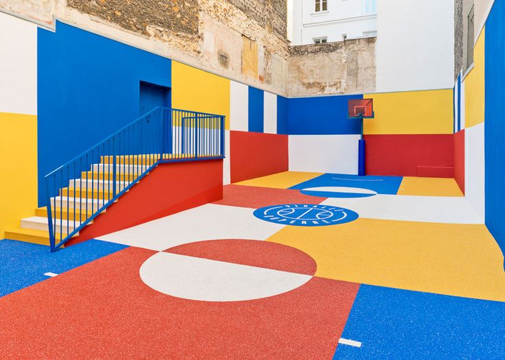 Overt_Art's tweet photo. Ill-Studio has collaborated with French fashion brand Pigalle to create a multicoloured basketball court between a row of buildings in the 9 https://t.co/FVUIXy3OI9