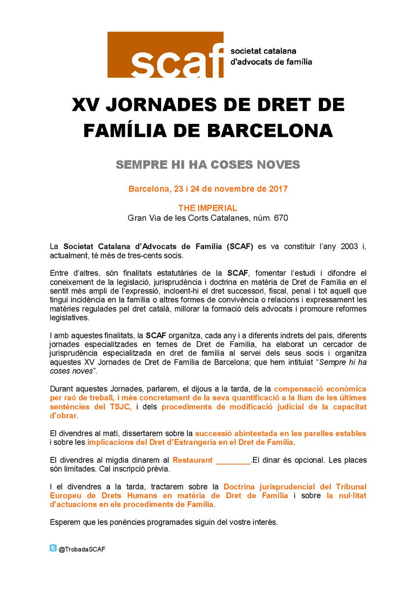 SCAF_cat's tweet photo. Disponible el programa provisional de les XV #Jornades de #Barcelona Dies 23 i 24 novembre a The Imperial. +info a https://t.co/3aGKK4k2zm https://t.co/33jk7JZ8BP