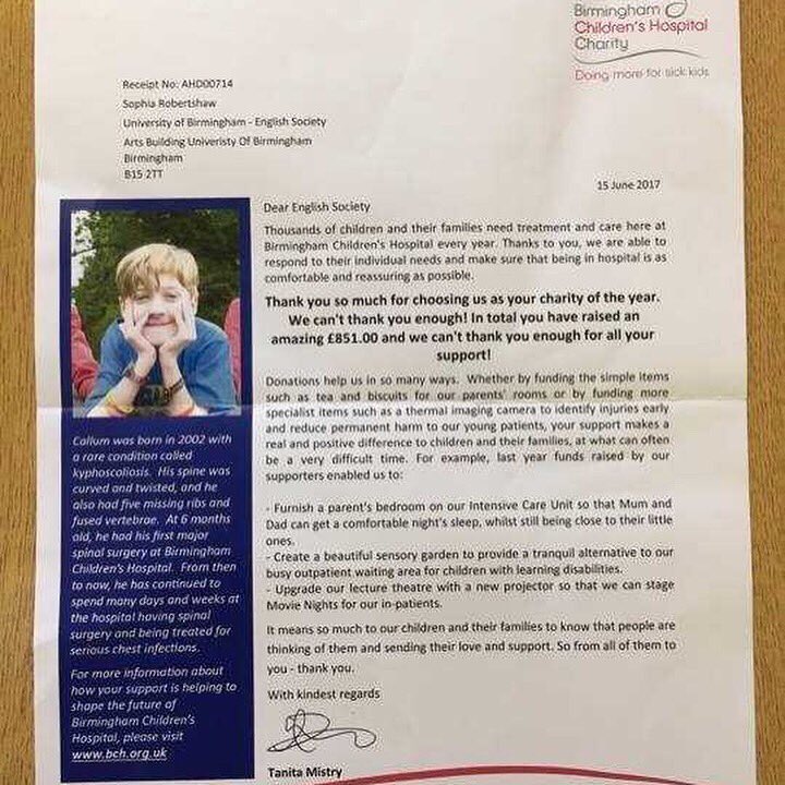A lovely letter from Birmingham Children's Hospital thanking us for our contribution throughout this year! Thanks to everyone who donated! 🎉