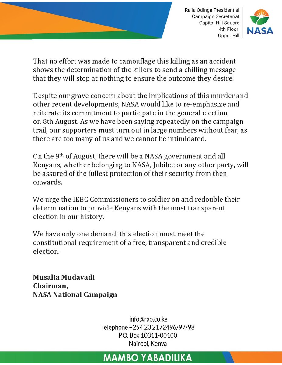 AzimioTv's tweet photo. NASA STATEMENT ON THE KILLING OF IEBC ICT CHIEF CHRIS MSANDO #RIPMsando @TheODMparty @WiperMovement @anc_party @FordKenyaSimba @MashinaniKe https://t.co/d2hAnkoVfP