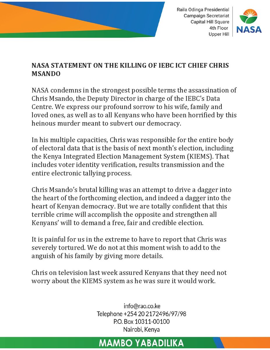 AzimioTv's tweet photo. NASA STATEMENT ON THE KILLING OF IEBC ICT CHIEF CHRIS MSANDO #RIPMsando @TheODMparty @WiperMovement @anc_party @FordKenyaSimba @MashinaniKe https://t.co/d2hAnkoVfP